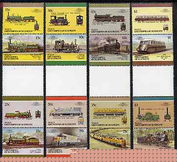 St Vincent - Bequia 1987 Locomotives #5 (Leaders of the World) set of 16 in se-tenant gutter pairs (folded through gutters or perfs) from uncut archive proof sheets unmounted mint, stamps on railways
