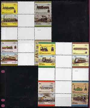 St Vincent - Bequia 1987 Locomotives #5 (Leaders of the World) set of 16 in se-tenant cross-gutter block (folded through gutters) from uncut archive proof sheet, some split perfs & wrinkles but a rare archive item unmounted mint, stamps on , stamps on  stamps on railways