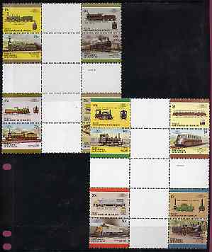 St Vincent - Bequia 1987 Locomotives #5 (Leaders of the World) set of 16 in se-tenant cross-gutter block (folded through gutters) from uncut archive proof sheet, some split perfs & wrinkles but a rare archive item unmounted mint, stamps on , stamps on stamps on railways