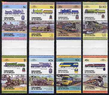 St Vincent - Grenadines 1984 Locomotives #1 (Leaders of the World) set of 16 in se-tenant gutter pairs (folded through gutters) from uncut archive proof sheets unmounted mint (SG 271-86), stamps on railways