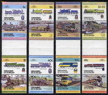 St Vincent - Grenadines 1984 Locomotives #1 (Leaders of the World) set of 16 in se-tenant gutter pairs (folded through gutters) from uncut archive proof sheets unmounted mint (SG 271-86), stamps on railways