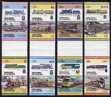 St Vincent - Grenadines 1984 Locomotives #1 (Leaders of the World) set of 16 in se-tenant gutter pairs (folded through gutters) from uncut archive proof sheets unmounted mint (SG 271-86), stamps on , stamps on  stamps on railways