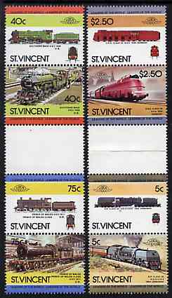 St Vincent 1984 Locomotives #3 (Leaders of the World) set of 8 in se-tenant gutter pairs (folded through gutters or perfs) from uncut archive proof sheets unmounted mint ..., stamps on railways, stamps on big locos