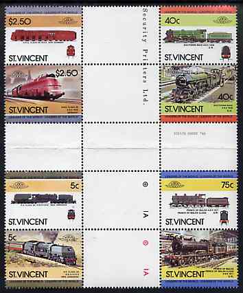 St Vincent 1984 Locomotives #3 (Leaders of the World) set of 8 in se-tenant cross-gutter block (folded through perfs or gutters) from uncut archive proof sheet, some spli..., stamps on railways, stamps on big locos