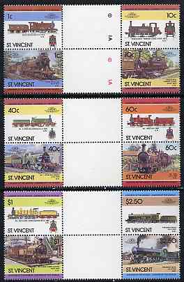 St Vincent 1985 Locomotives #4 (Leaders of the World) set of 12 in se-tenant gutter pairs (folded through gutters or perfs) from uncut archive proof sheets (SG 872-83) un..., stamps on railways