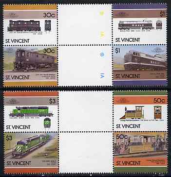 St Vincent 1986 Locomotives #6 (Leaders of the World) set of 8 in se-tenant gutter pairs (folded through gutters or perfs) from uncut archive proof sheets unmounted mint (SG 1001-8), stamps on railways