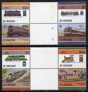 St Vincent 1986 Locomotives #6 (Leaders of the World) set of 8 in se-tenant gutter pairs (folded through gutters or perfs) from uncut archive proof sheets unmounted mint (SG 1001-8), stamps on , stamps on  stamps on railways