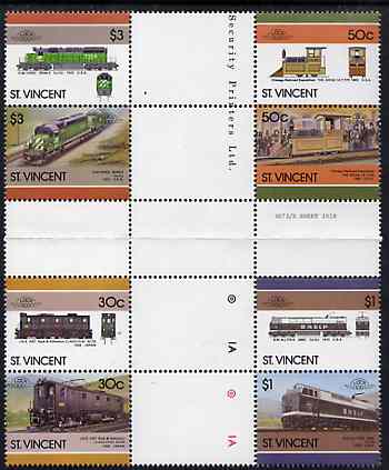 St Vincent 1986 Locomotives #6 (Leaders of the World) set of 8 in se-tenant cross-gutter block (folded through gutters) from uncut archive proof sheet, some split perfs &..., stamps on railways