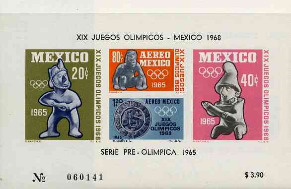 Mexico 1965 Olympic Games (1st Issue) imperf m/sheet showing Museum Pieces (Sling Thrower, Batsman, Fieldsman & Score Board) unmounted mint SG MS 1106, stamps on , stamps on  stamps on sport   olympics      cricket     museums