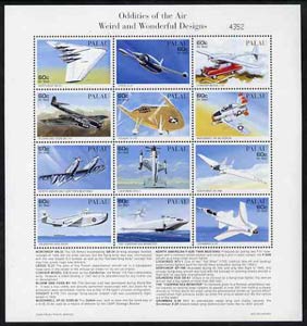 Palau 1996 Oddities of the Air sheetlet containing set of 12 with definitions in lower margin, unmounted mint SG 1118-29, stamps on , stamps on  stamps on aviation, stamps on northrop, stamps on convair, stamps on blohm, stamps on vought, stamps on mcdonnell, stamps on lockheed, stamps on saunders, stamps on grumman