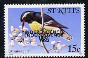 St Kitts 1983 Independence overprint on Bananaquit Bird 15c with overprint doubled unmounted mint, SG 119Ba (blocks & gutter pairs pro rata), stamps on , stamps on  stamps on birds