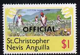 St Kitts-Nevis 1980 Cotton Picking $1 from 'OFFICIAL' opt  set, SG O7 unmounted mint*, stamps on , stamps on  stamps on cotton, stamps on textiles