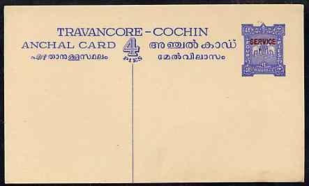 Indian States - Travancore-Cochin 1950c 4 pies p/stat card (Elephants) as H & G 4 but overprinted SERVICE in red, stamps on , stamps on  stamps on elephants, stamps on  stamps on  kg6 , stamps on  stamps on 