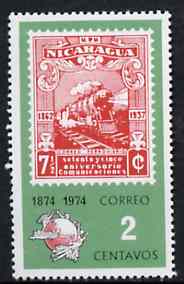 Nicaragua 1974 UPU Centenary 2c showing 1937 Railway stamp, SG 1935, stamps on , stamps on  stamps on railways    upu, stamps on  stamps on  upu , stamps on  stamps on 