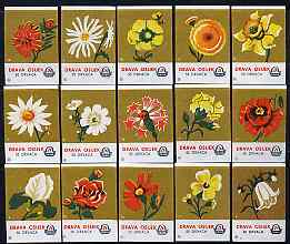 Match Box Labels - complete set of 15 Flowers (brown background), superb unused condition (Yugoslavian Drava Series), stamps on , stamps on  stamps on flowers   