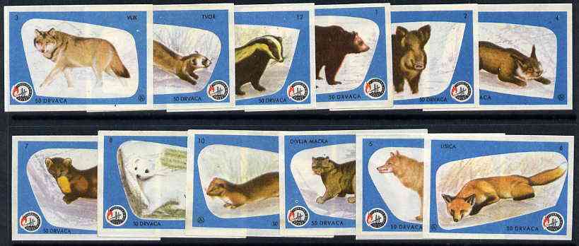 Match Box Labels - complete set of 12 Wild Animals (blue border), superb unused condition (Yugoslavian), stamps on animals