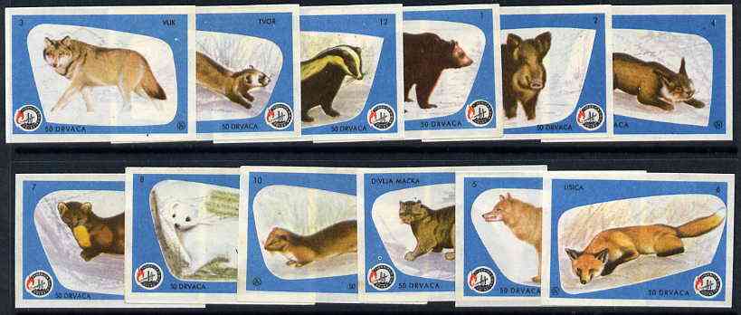 Match Box Labels - complete set of 12 Wild Animals (blue border), superb unused condition (Yugoslavian), stamps on , stamps on  stamps on animals