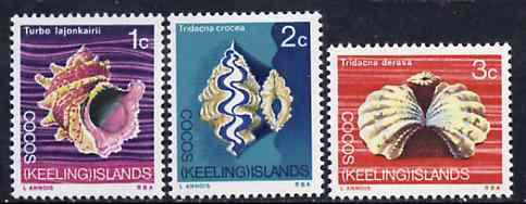 Cocos (Keeling) Islands 1969 Shells, the set of 3 values from 1969 Decimal Currency def set unmounted mint, SG 8-10, stamps on , stamps on  stamps on shells