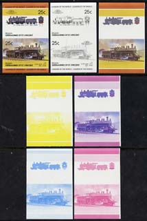 St Vincent - Bequia 1985 Locomotives #4 (Leaders of the World) 25c (4-4-0 Class 6400 Japan) set of 7 imperf se-tenant progressive proof pairs comprising the four individu..., stamps on railways