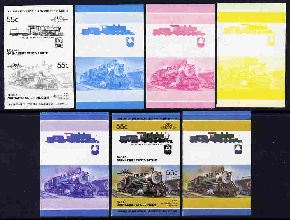 St Vincent - Bequia 1985 Locomotives #4 (Leaders of the World) 55c (4-6-2  Class H4 USA) set of 7 imperf se-tenant progressive proof pairs comprising the four individual ..., stamps on railways