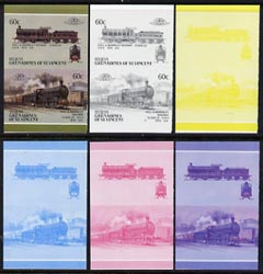 St Vincent - Bequia 1987 Locomotives #5 (Leaders of the World) 60c (0-6-0 Hull & Barnsley Class LS) set of 6 imperf se-tenant progressive proof pairs comprising the four ..., stamps on railways