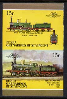 St Vincent - Bequia 1987 Locomotives #5 (Leaders of the World) 15c (2-4-0 SER Class 118) imperf se-tenant proof pair in issued colours from limited printing unmounted mint*, stamps on , stamps on  stamps on railways