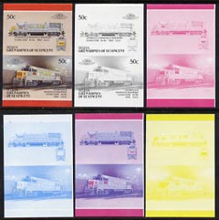 St Vincent - Bequia 1987 Locomotives #5 (Leaders of the World) 50c (Louisville & Nashville Class U25B) set of 6 imperf se-tenant progressive proof pairs comprising the four individual colours, 2-colour and all 4-colour composites unmounted mint, stamps on , stamps on  stamps on railways