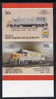 St Vincent - Bequia 1987 Locomotives #5 (Leaders of the World) 50c (Louisville & Nashville Class U25B) imperf se-tenant proof pair in issued colours from limited printing unmounted mint*, stamps on railways