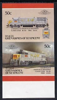 St Vincent - Bequia 1987 Locomotives #5 (Leaders of the World) 50c (Louisville & Nashville Class U25B) imperf se-tenant proof pair in issued colours from limited printing..., stamps on railways