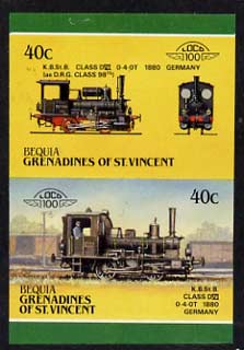 St Vincent - Bequia 1987 Locomotives #5 (Leaders of the World) 40c (0-4-0 Class DVI Germany) imperf se-tenant proof pair in issued colours from limited printing unmounted..., stamps on railways