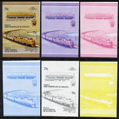 St Vincent - Bequia 1987 Locomotives #5 (Leaders of the World) 75c (Denver & Rio Grande CC) set of 6 imperf se-tenant progressive proof pairs comprising the four individu..., stamps on railways