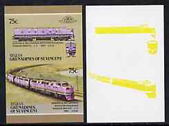 St Vincent - Bequia 1987 Locomotives #5 (Leaders of the World) 75c (Denver & Rio Grande CC) imperf se-tenant pair with yellow missing from loco (loco is pink) plus additional piece showing the yellow only, a remarkable variety, stamps on , stamps on  stamps on railways
