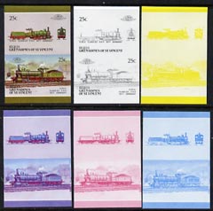 St Vincent - Bequia 1987 Locomotives #5 (Leaders of the World) 25c (0-6-0 KPEV Class G3) set of 6 imperf se-tenant progressive proof pairs comprising the four individual colours, 2-colour and all 4-colour composites unmounted mint, stamps on railways