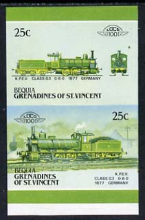 St Vincent - Bequia 1987 Locomotives #5 (Leaders of the World) 25c (0-6-0 KPEV Class G3) imperf se-tenant proof pair with red omitted unmounted mint*, stamps on , stamps on  stamps on railways