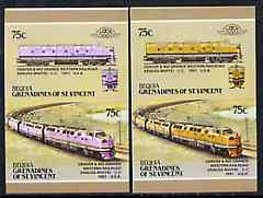 St Vincent - Bequia 1987 Locomotives #5 (Leaders of the World) 75c (Denver & Rio Grande CC) imperf se-tenant pair with yellow missing from loco (loco is pink) plus imperf pair as normal unmounted mint, stamps on , stamps on  stamps on railways