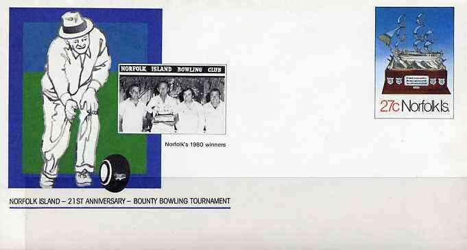 Norfolk Island 1982c 27c pre-stamped p/stat envelope commemorating 21st Anniversary of Norfolk Island Bowling Tournament, stamps on , stamps on  stamps on bowls    sport