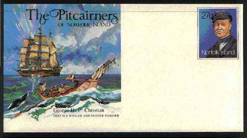 Norfolk Island 1982c 'The Pitcairners' 27c pre-stamped p/stat envelope commemorating George Christian (Whaler & Mariner), stamps on ships   whales