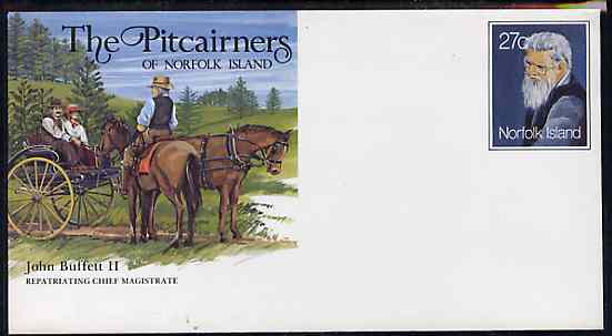 Norfolk Island 1982c 'The Pitcairners' 27c pre-stamped p/stat envelope commemorating John Buffett II (Magistrate), stamps on legal, stamps on  law , stamps on 