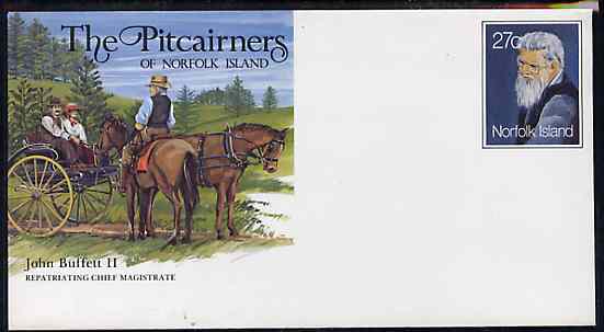 Norfolk Island 1982c 'The Pitcairners' 27c pre-stamped p/stat envelope commemorating John Buffett II (Magistrate), stamps on , stamps on  stamps on legal, stamps on  stamps on  law , stamps on  stamps on 