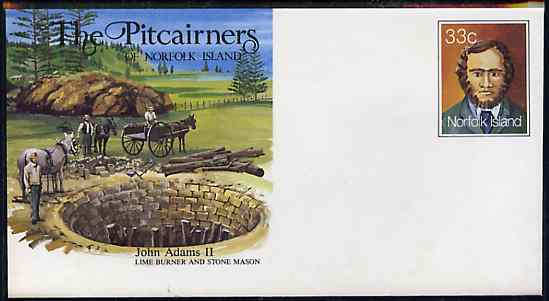 Norfolk Island 1982c 'The Pitcairners' 33c pre-stamped p/stat envelope commemorating John Adams II (Stone Mason), stamps on masonics, stamps on rotary, stamps on masonry