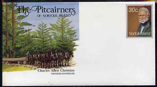Norfolk Island 1982c The Pitcairners 30c pre-stamped p/stat envelope commemorating Charles Allen Christian (Sawmiller), stamps on timber