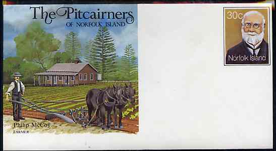 Norfolk Island 1982c The Pitcairners 30c pre-stamped p/stat envelope commemorating Philip McCoy (Farmer), stamps on farming    ploughing