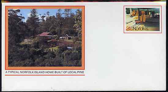 Norfolk Island 1982c Island Life 24c pre-stamped p/stat envelope featuring Norfolk home built of local Pine, stamps on timber     trees