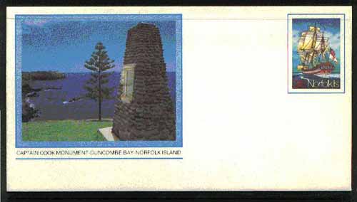 Norfolk Island 1982c 'Island Life' 24c pre-stamped p/stat envelope featuring Captain Cook Monument, stamps on , stamps on  stamps on cook    explorers    ships