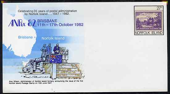 Norfolk Island 1982 ANPEX 82 27c pre-stamped p/stat envelope commemorating First Norfolk Is Stamp, stamps on stamp exhibitions, stamps on stamp on stamp, stamps on cannon, stamps on stamponstamp