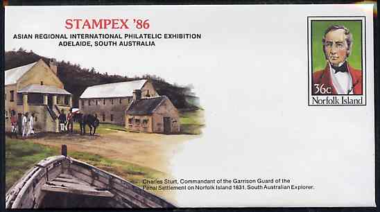 Norfolk Island 1986 STAMPEX 86 36c pre-stamped p/stat envelope commemorating Charles Stuart, Commander of the garrison, stamps on stamp exhibitions, stamps on explorers, stamps on scots, stamps on scotland
