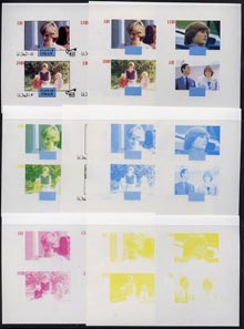 Oman 1982 Princess Dis 21st Birthday imperf sheetlet containing set of 4 values, the set of 7 progressive colour proofs comprising the 4 individual colours plus 2, 3 and ..., stamps on diana     royalty