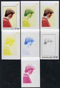 Nagaland 1982 Princess Di's 21st Birthday imperf deluxe sheet (2ch value) set of 7 progressive proofs comprising the 4 individual colours plus 2, 3 and all 4-colour composites unmounted mint, stamps on royalty, stamps on diana 