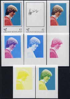 Grunay 1982 Princess Dis 21st Birthday imperf deluxe sheet (\A32 value) set of 8 progressive proofs comprising the 4 individual colours plus two 2-colour, 3 and all 4-col..., stamps on royalty     diana