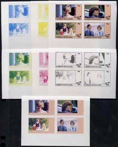 Gairsay 1982 Princess Di's 21st Birthday imperf sheetlet containing set of 4 values, the set of 7 progressive colour proofs comprising the 4 individual colours and various colour combinations incl completed design unmounted mint, stamps on diana     royalty